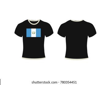 Black t-shirt, clothes on isolated white background,T-shirt template set, front, side, back view. Vector eps 10 illustration,t-shirt and background flag of Guatemala.