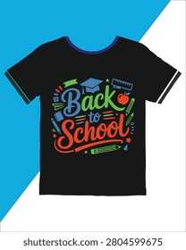 Black tshirt with colorful back to school text and stationery on the front