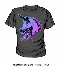 Black t-shirt with colorful unicorn printing. Vector template for merch design.