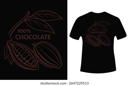 A black t-shirt design featuring cocoa pods and leaves, with the text "100% Chocolate" in brown outline style.