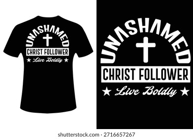 Un diseño de camiseta negra con una cruz blanca y una tipografía atrevida con un mensaje cristiano