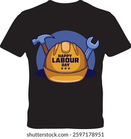 A black t-shirt design with hardhat, hammer, and wrench celebrating Labour Day 
