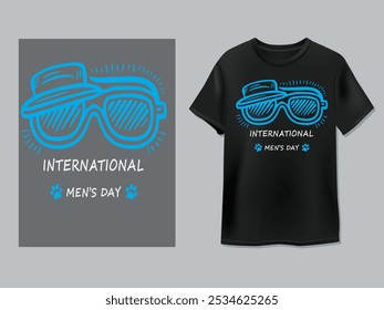 Un diseño de camiseta negra en el "Día Internacional del Hombre". Hay unas gafas de sol con una gorra en la camiseta. 