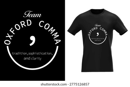black t-shirt design with oxford comma debate slogan and punctuation symbol mockup
