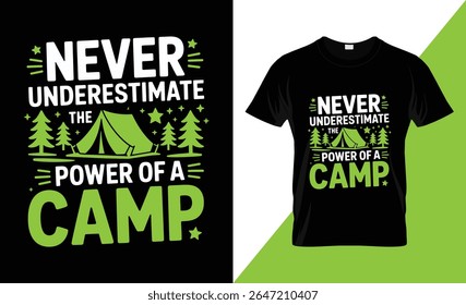 A black t-shirt design with the text "NEVER UNDERESTIMATE THE POWER OF A CAMP" in white and green. Features a green tent, pine trees, and stars, evoking an outdoor adventure theme.