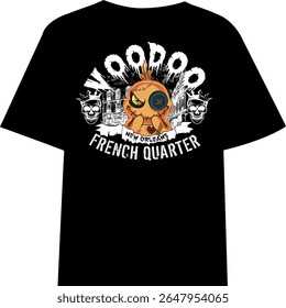 Black t-shirt design for voodo french quarter, black and white design,  doll sketch design, 