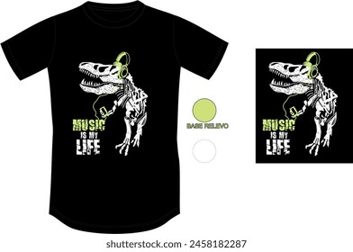 a black t-shirt with a dinosaur on the front and the words music life life life on the front.