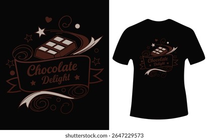 A black t-shirt features a brown chocolate bar design with stars, swirls, and the words 'Chocolate Delight'.