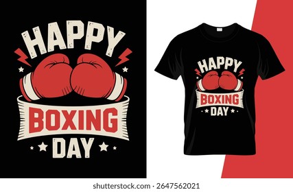 A black t-shirt features a vintage-inspired "Happy Boxing Day" graphic with red boxing gloves, lightning bolts, and stars.