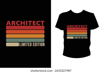 Black t-shirt featuring bold "ARCHITECT LIMITED EDITION" typography in red and beige, separated by horizontal stripes in orange, green, and beige, ideal for architecture professionals or stylish appar