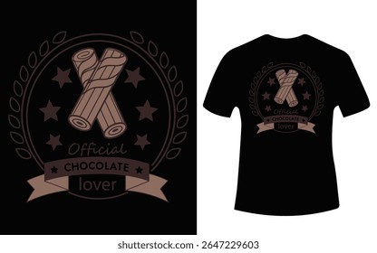 A black t-shirt featuring a brown chocolate rolls and stars design, labeled Official Chocolate Lover.