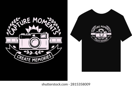 A black tshirt featuring a graphic design with a vintage camera illustration surrounded by film strips and a banner reading capture moments create memories
