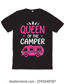 A black t-shirt featuring a pink graphic design of "Queen of the Camper" text and a stylized van.