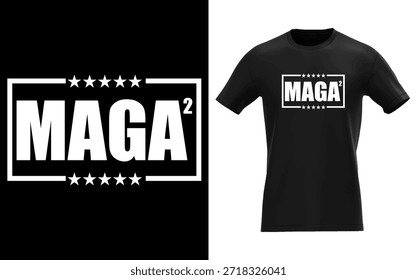 Black t-shirt featuring a white MAGA² logo with stars on the chest, perfect for political statements or fashion