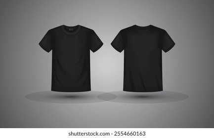 Black T-shirt front and back view. Realistic t-shirt mockup. Vector template