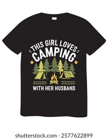 A black t-shirt graphic design showcasing a camping scene.