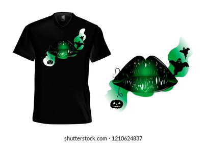 Black T-shirt with green lips and ghost