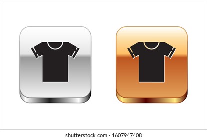 Black T-shirt icon isolated on white background. Silver-gold square button. Vector Illustration