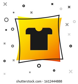 Black T-shirt icon isolated on white background. Yellow square button. Vector Illustration