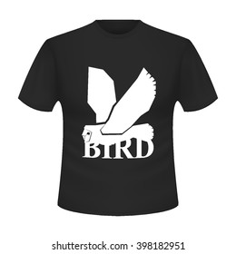Black T-shirt with the image of a flying white owl. On the t-shirt Abstract graphic owl with wings raised. Dark T-shirt with short sleeves with a white inscription "bird". Vector. Logo. Icon.