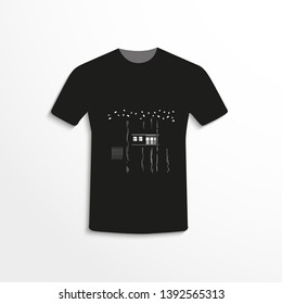 Black T-shirt with the image of a house in the trees. At night. Vector illustration.