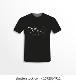 Black T-shirt with the image of a ninja warrior with a sword. Vector illustration.