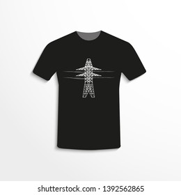 Black t-shirt with the image of the tower line high voltage. Vector illustration.
