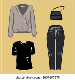 Black T-shirt, jeans, handbag. Beige cardigan. Clothes and bags. Fashion. The basic wardrobe of a minimalist. Autumn clothes. Set. Isolated vector object.