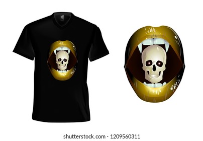 Black T-shirt with lips and skull