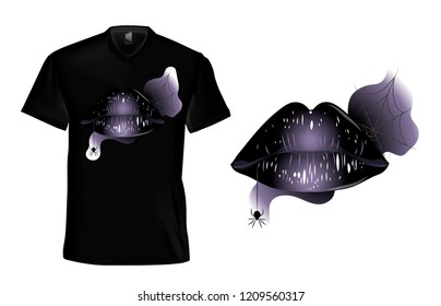 Black T-shirt with black lips and a spider web