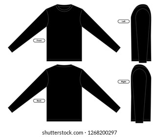 Black T-Shirt Long Sleeve for Template
: Front, Back and Side View