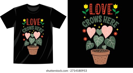 Camiseta negra con amor crece aquí Diseño de plantas