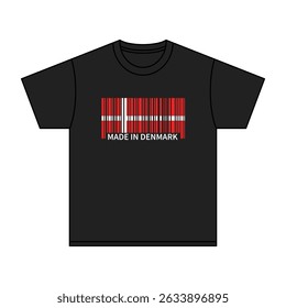Camiseta preta feita na Dinamarca com código de barras de bandeira