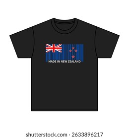 Black t-shirt Made In New Zealand with flag barcode