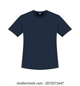 Black t-shirt for men vector on white background. Men's classic black t-shirt with short sleeves. Round neck short sleeves dark blue t-shirt for men. Vector, measurement tag, navy blue, round neck.