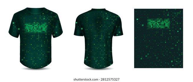 Black t-shirt mockup with censored pixel pattern design. Vector realistic illustration of man shirt template with neon green urban design, street art elements, fashion branding print apparel