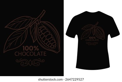 Uma t-shirt preta mockup exibe um cacau marrom pod e deixa design com as palavras 100% Chocolate.