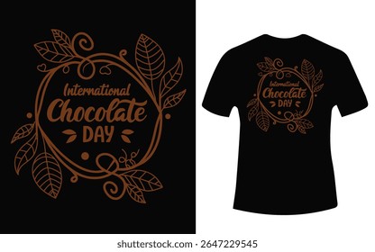 A black t-shirt mockup displays a brown floral frame design with the text International Chocolate Day.