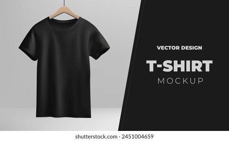 A black tshirt mockup hangs on a wooden hanger against a white backdrop. For showcasing fashion designs for both men and women, providing a realistic presentation. Not AI.