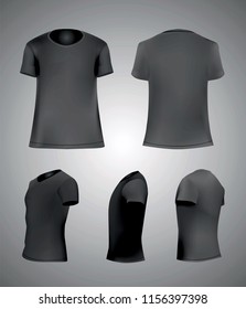 Black t-shirt mockup set, blank shirt front, side, perspective, rear views, different angles, vector eps10 illustration