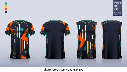 Black t-shirt mockup, sport shirt template design for soccer jersey, football kit. Tank top for basketball jersey, running singlet. Fabric pattern for sport uniform in front view back view. Vector.