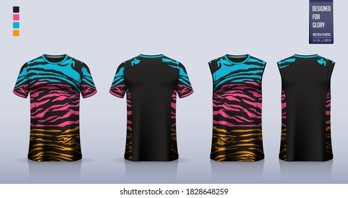 Black t-shirt mockup, sport shirt template design for soccer jersey, football kit. Tank top for basketball jersey, running singlet. Fabric pattern for sport uniform in front view back view. Vector.