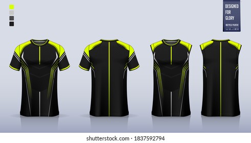 Black t-shirt mockup, sport shirt template design for soccer jersey, football kit. Tank top for basketball jersey, running singlet. Fabric pattern for sport uniform in front view back view. Vector.