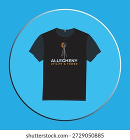 Maqueta de camiseta negra con diseño de logotipo de torre de utilidad y comunicación