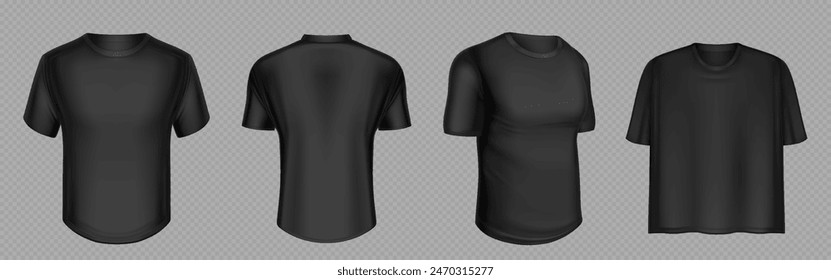 Black tshirt mockup vector. Front and back blank t shirt template mock up design. Male short sleeve sport uniform 3d isolated set. Fabric apparel object for young body model. Oversize unisex fashion