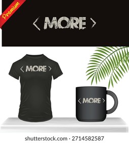 Black Tshirt and Mug With More Text On White Table
