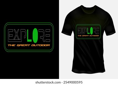 Schwarzes T-Shirt mit Neon Green und Orange 'Explore the Great Outdoor' Design für Abenteuerliebhaber