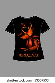 black t-shirt with orange phoenix print