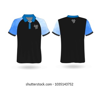 Black T-shirt Polo with blue polygonal stripe on Sleeve Template for design on white background. Vector illustration eps 10.