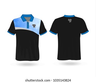 Black T-shirt Polo with blue polygonal stripe Template for design on white background. Vector illustration eps 10.